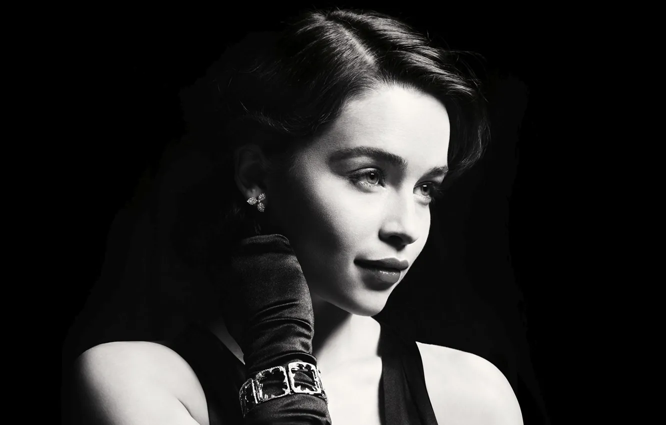 Photo wallpaper dress, actress, hairstyle, gloves, Noir, black background, vintage, Emilia Clarke