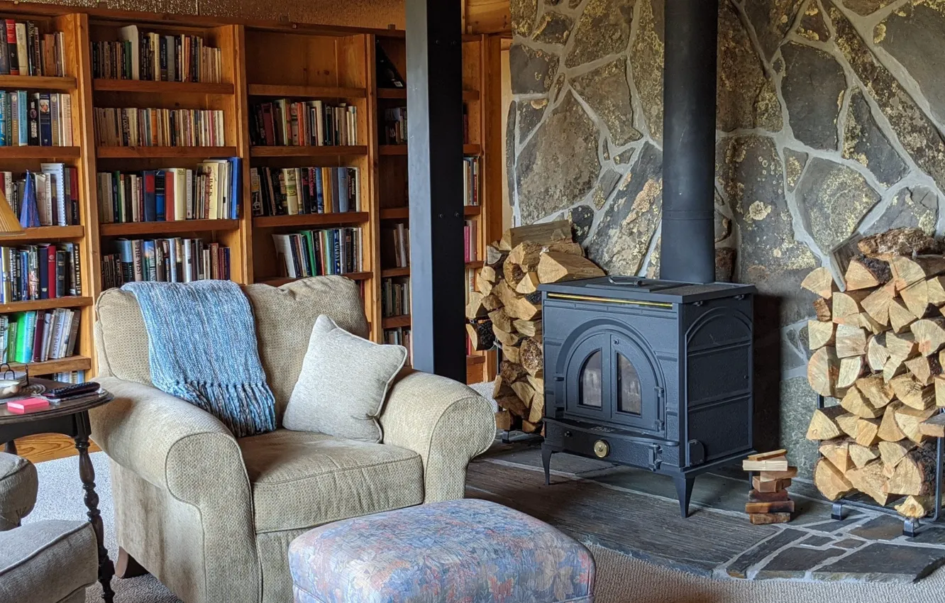 Photo wallpaper design, style, heat, interior, fireplace, library, living room, cozy