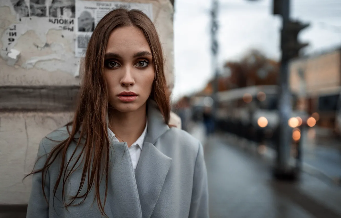 Photo wallpaper rain, street, coat, brown-eyed, Alexander Kurennoy
