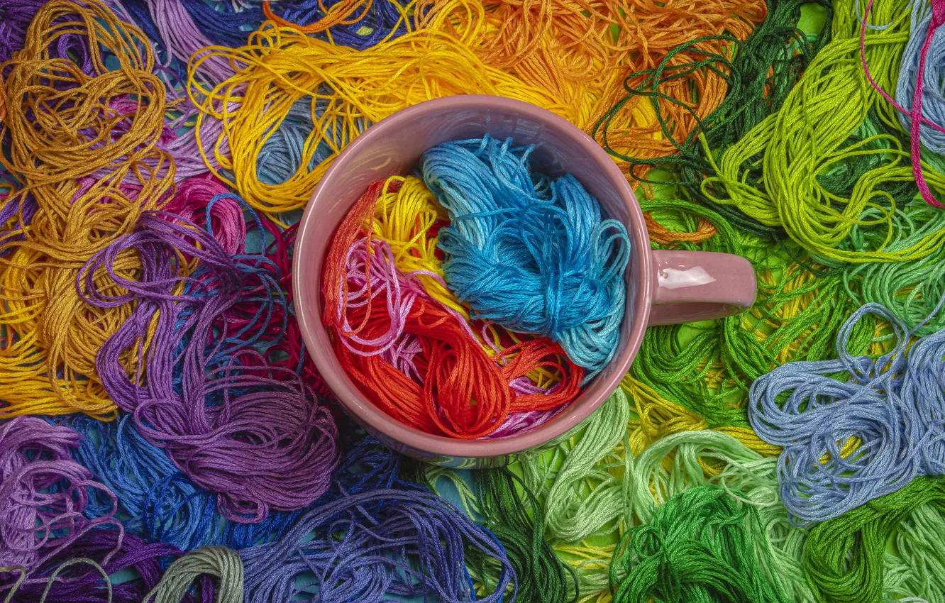 Photo wallpaper bright, yellow, blue, green, mug, Cup, red, thread