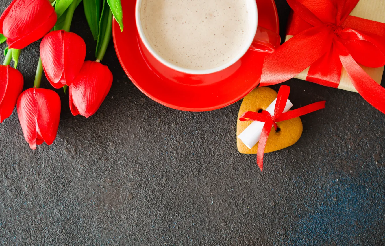 Photo wallpaper love, flowers, red, gift, bouquet, hearts, tulips, red