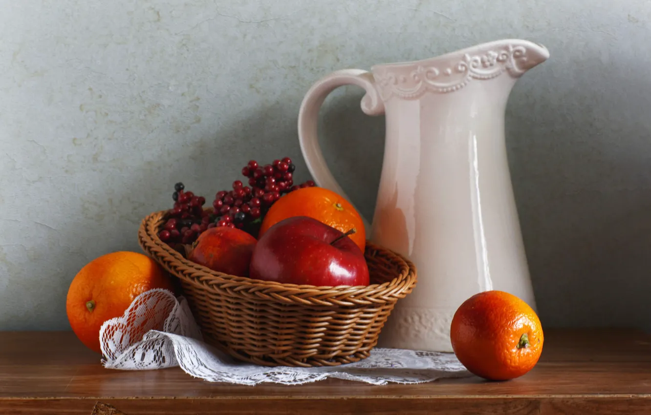 Photo wallpaper berries, table, apples, orange, pitcher, fruit, still life, network