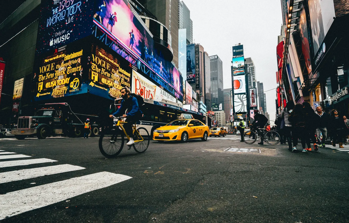 Photo wallpaper United States, New York, Manhattan, street, people, rider, Times Square, workers