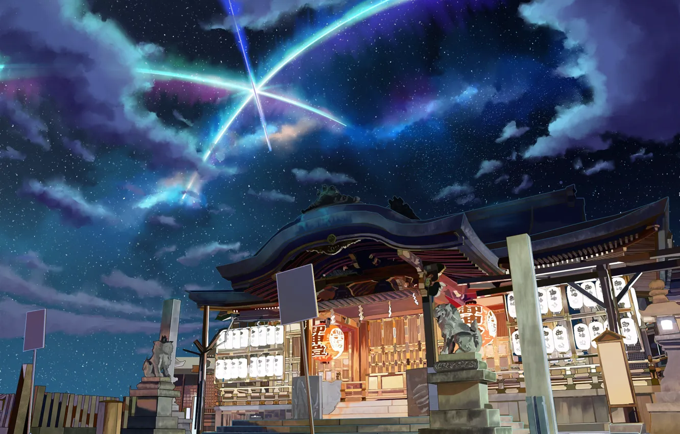 Photo wallpaper clouds, night, comet, temple