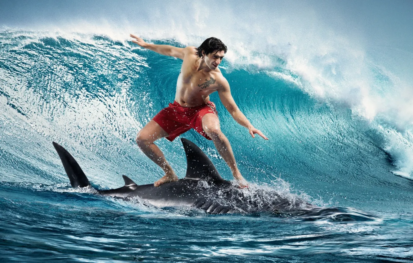 Photo wallpaper wave, shark, guy, surfing, surfing
