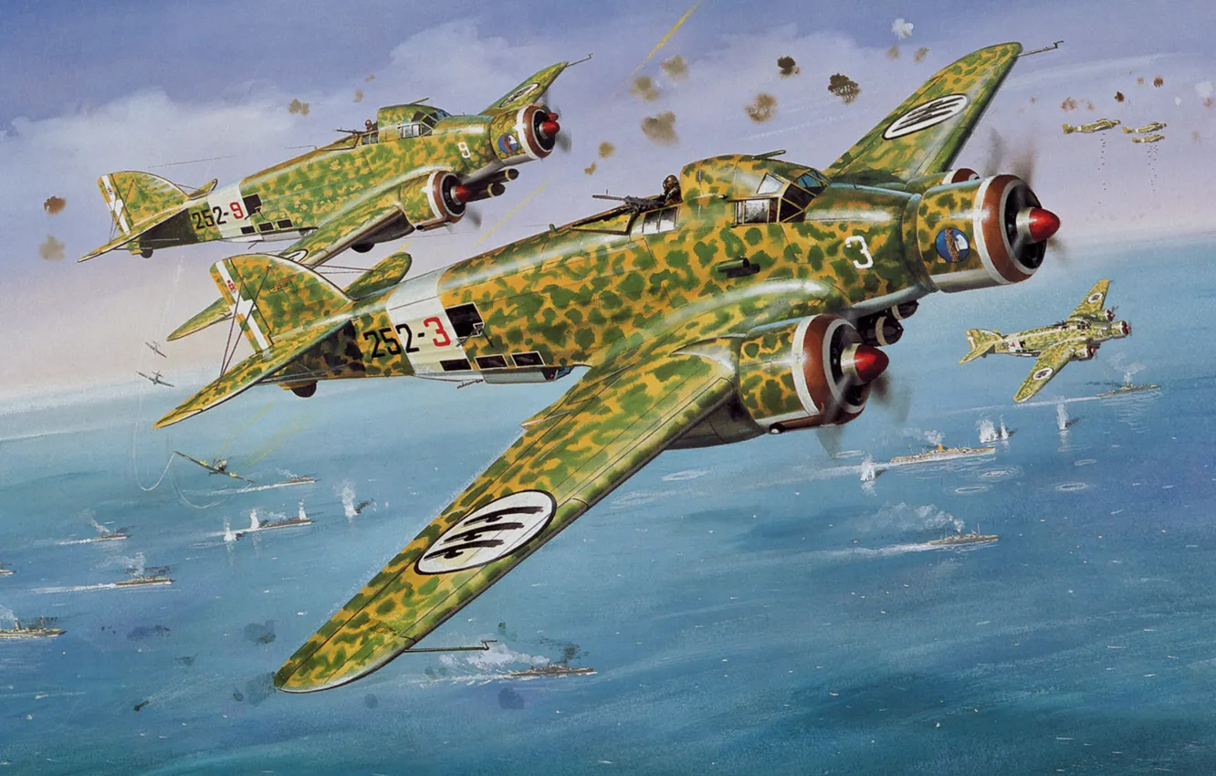 Photo wallpaper sea, figure, art, attack, the convoy, Hawk, the bombing, Savoia-Marchetti SM.79 Sparrow