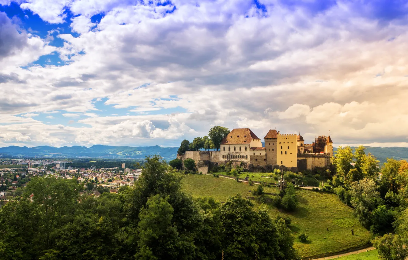 Photo wallpaper the sky, clouds, trees, mountains, castle, home, Switzerland, valley