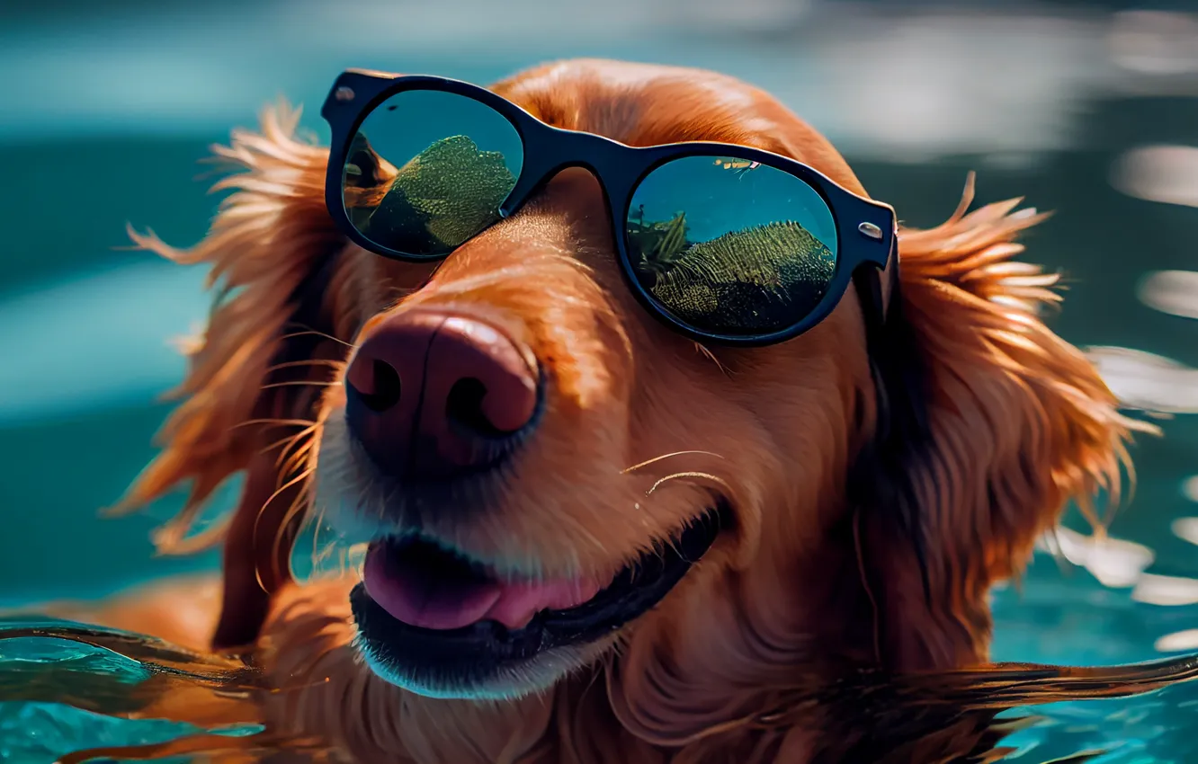 Photo wallpaper look, face, water, dog, Retriever, digital art, sunglasses, AI art