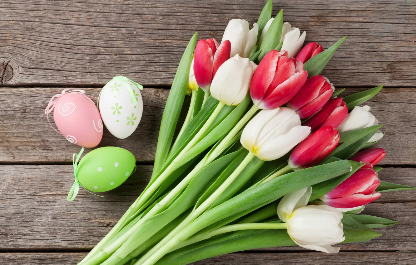 Photo wallpaper flowers, eggs, spring, colorful, Easter, red, happy, wood