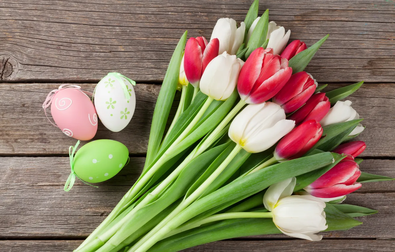 Photo wallpaper flowers, eggs, spring, colorful, Easter, red, wood, flowers