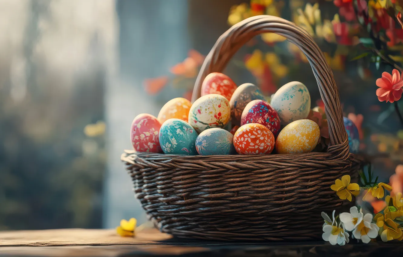 Photo wallpaper flowers, table, holiday, Board, eggs, spring, window, Easter