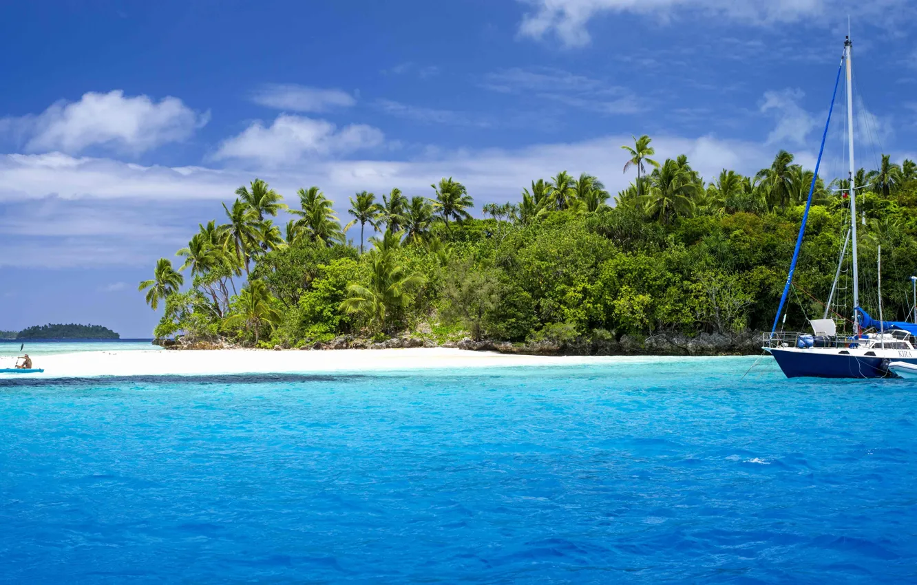 Photo wallpaper beach, the sky, clouds, palm trees, boat, island, yacht