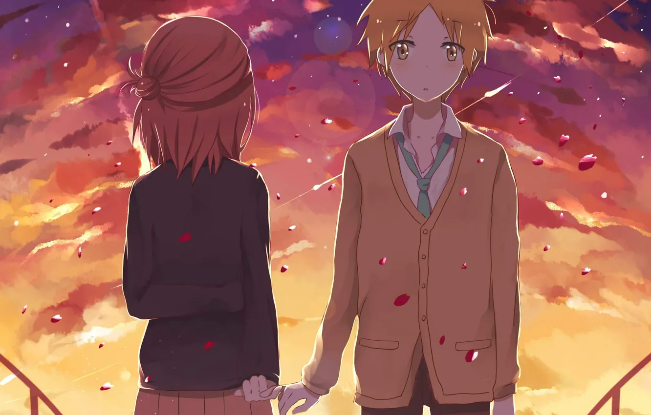 Photo wallpaper the sky, girl, clouds, sunset, anime, art, form, guy