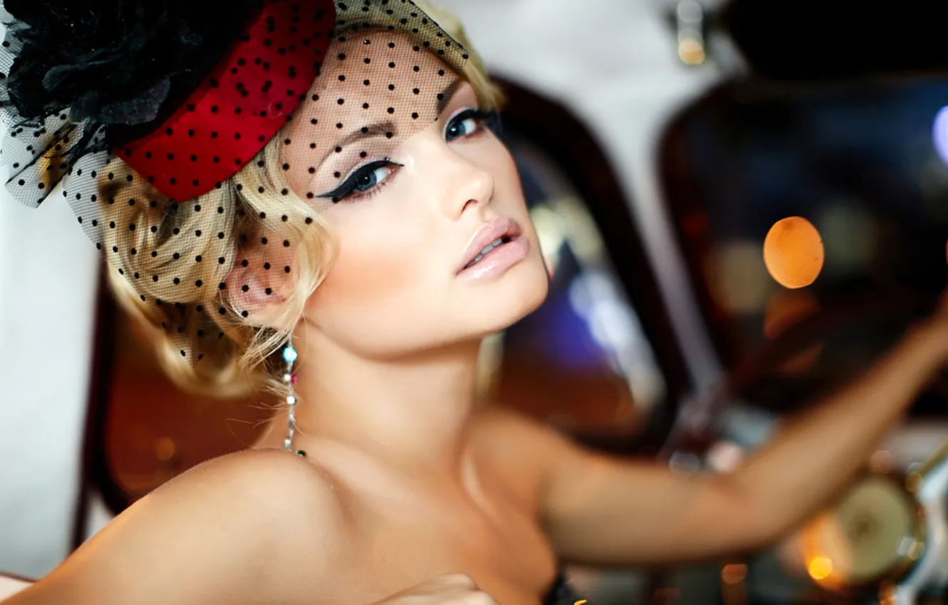Photo wallpaper look, model, blonde, hat, veil, Ekaterina Koba