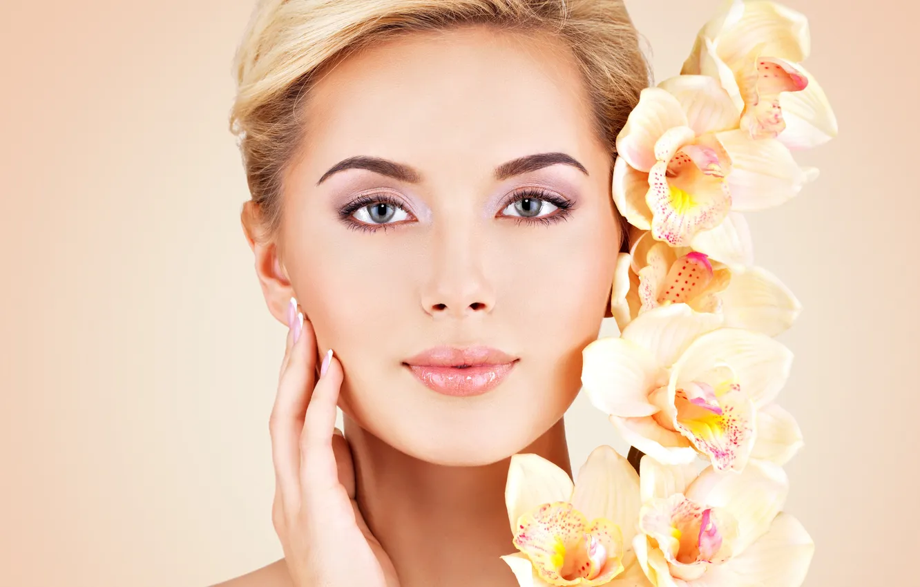 Photo wallpaper eyes, girl, flowers, face, lips