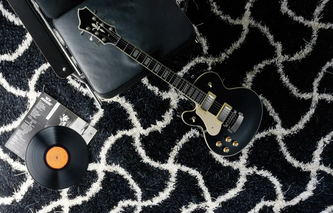 Photo wallpaper style, music, mood, guitar, strings, chair, chair, black and white