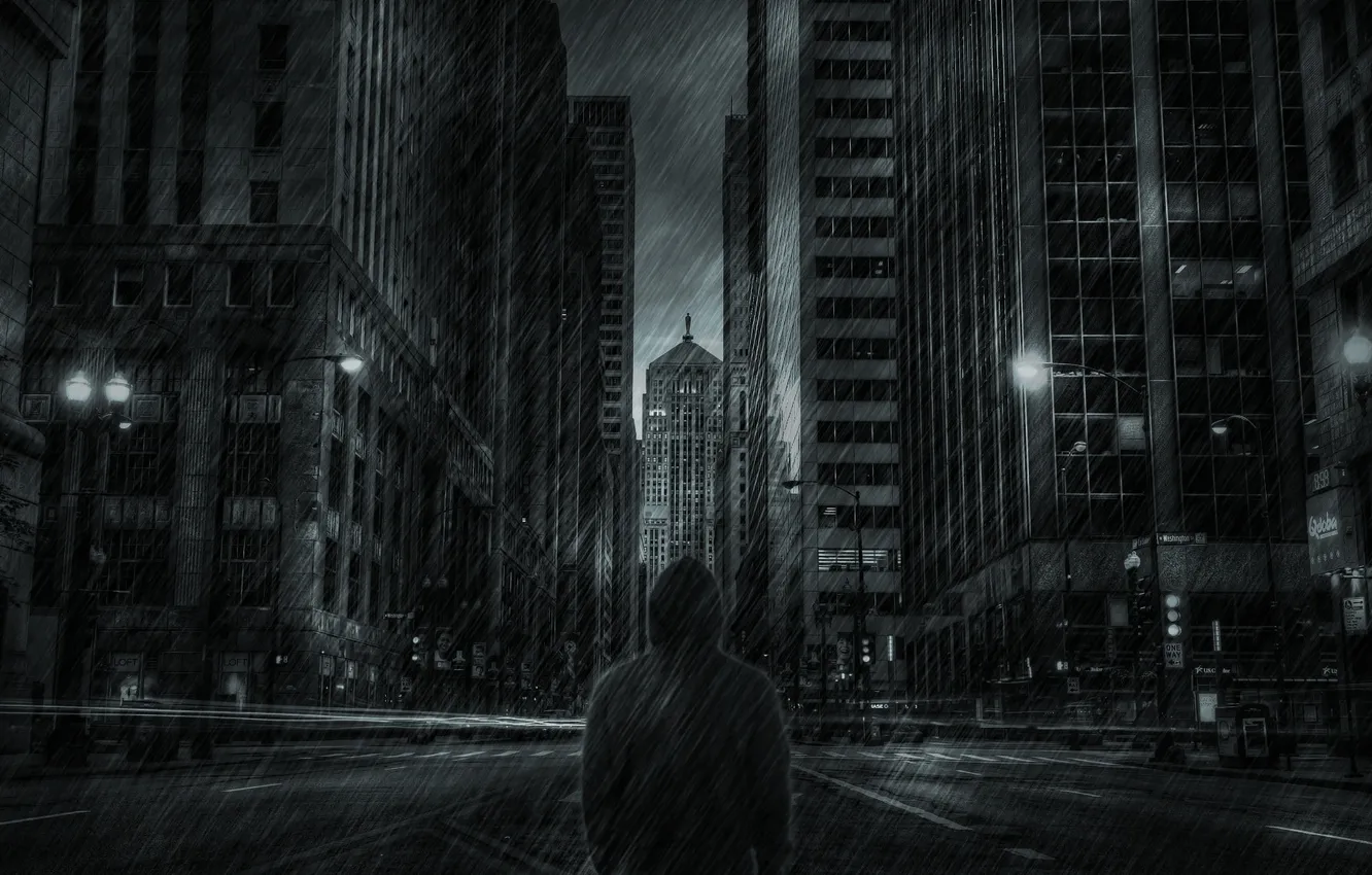 Photo wallpaper rain, street, people, skyscrapers, The city, jacket