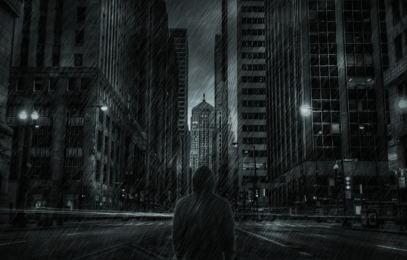 Photo wallpaper the city, rain, street, people, skyscrapers, jacket