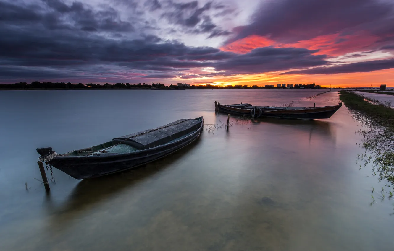 Photo wallpaper sunset, river, boat, the evening, Spain, Valencia, Valencia
