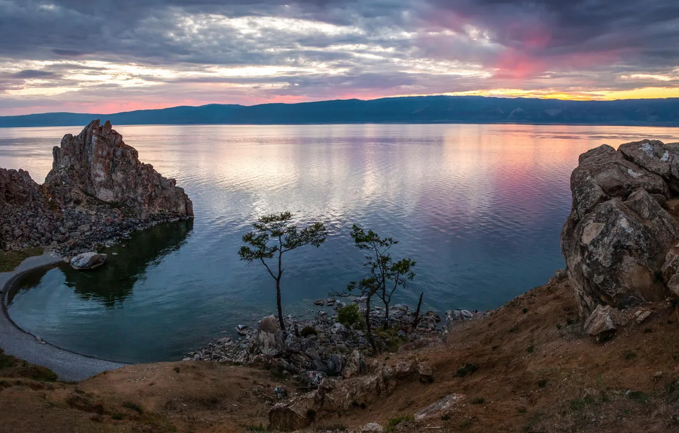 Photo wallpaper trees, landscape, sunset, nature, lake, rocks, shore, Baikal