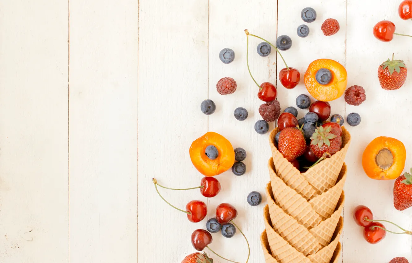 Photo wallpaper berries, raspberry, blueberries, strawberry, horn, fresh, cherry, waffles