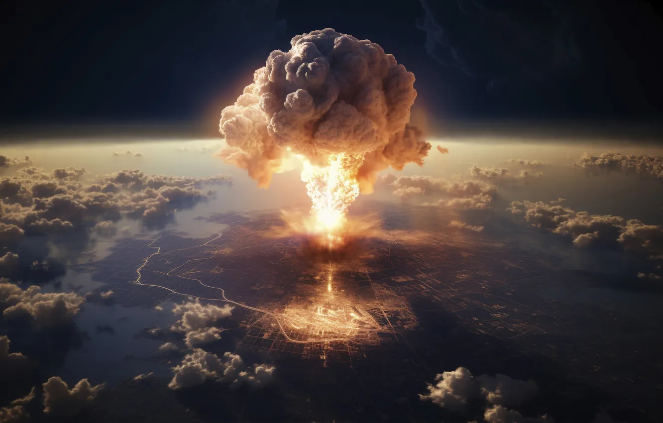 Photo wallpaper clouds, the explosion, mushrooms, a nuclear explosion, digital art, nuclear weapons, AI art, The Art …