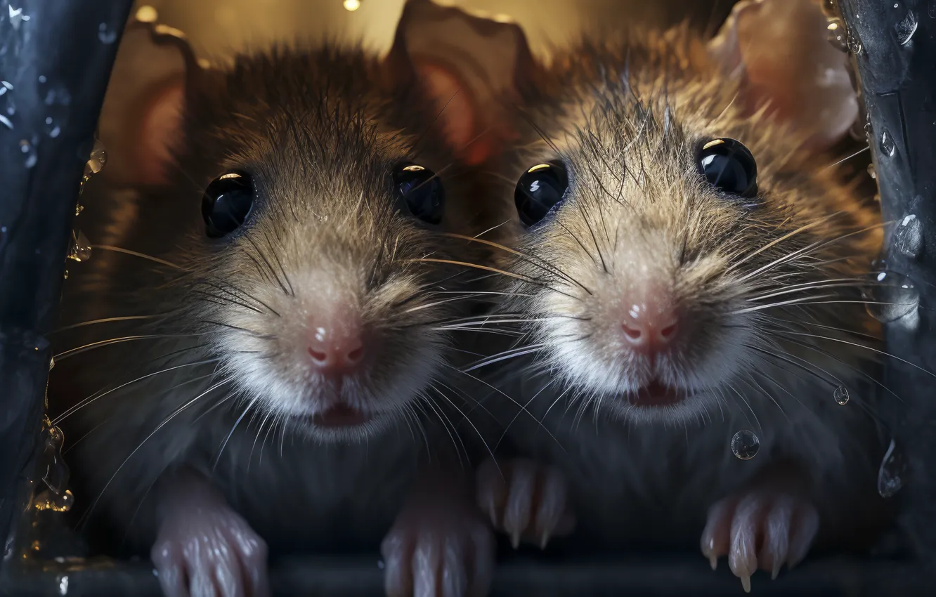 Photo wallpaper water, drops, mouse, muzzle, a couple, Duo, rat, rodent