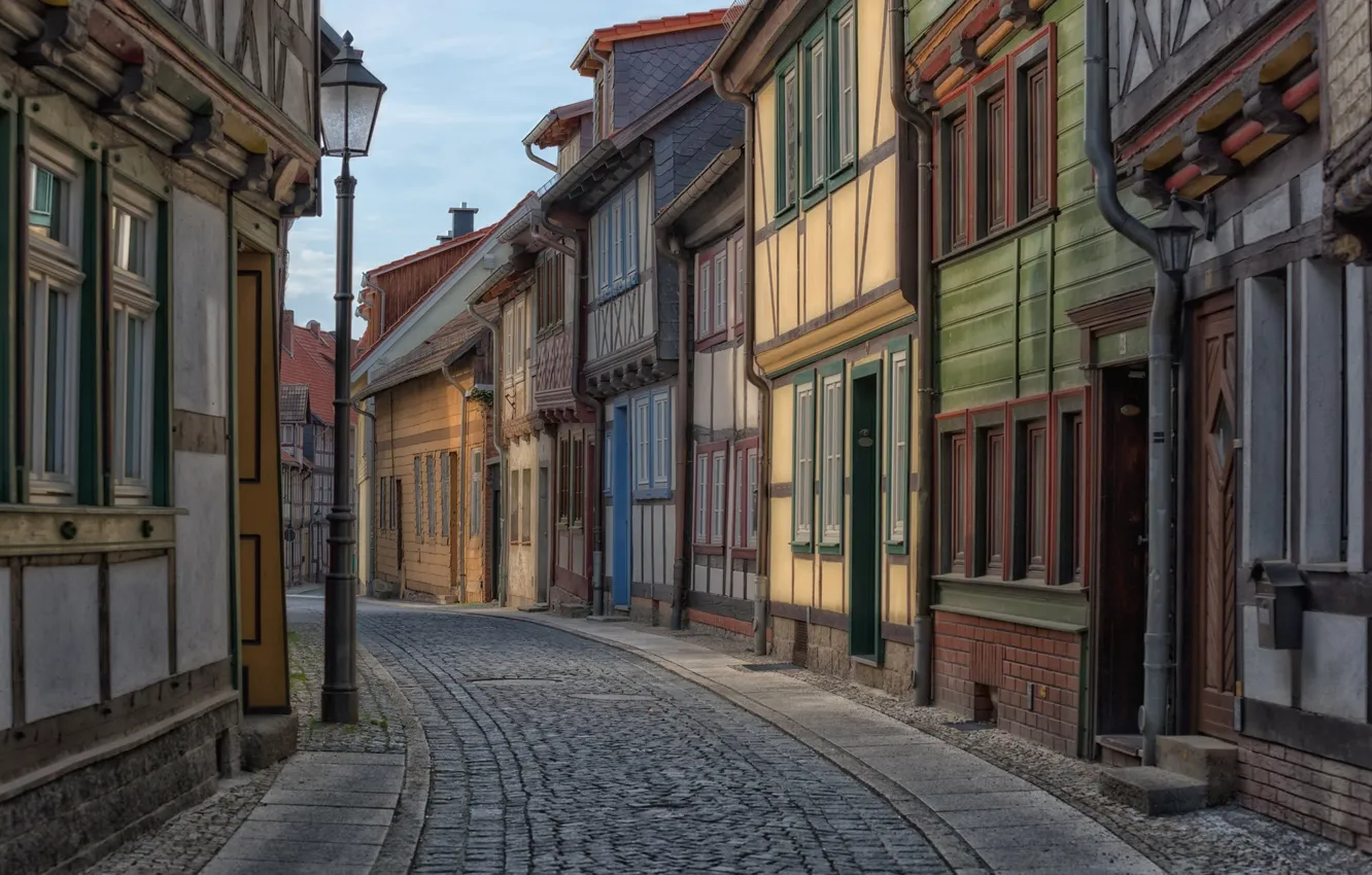Photo wallpaper road, street, home, pavers, Germany, lantern, Germany, Saxony-Anhalt
