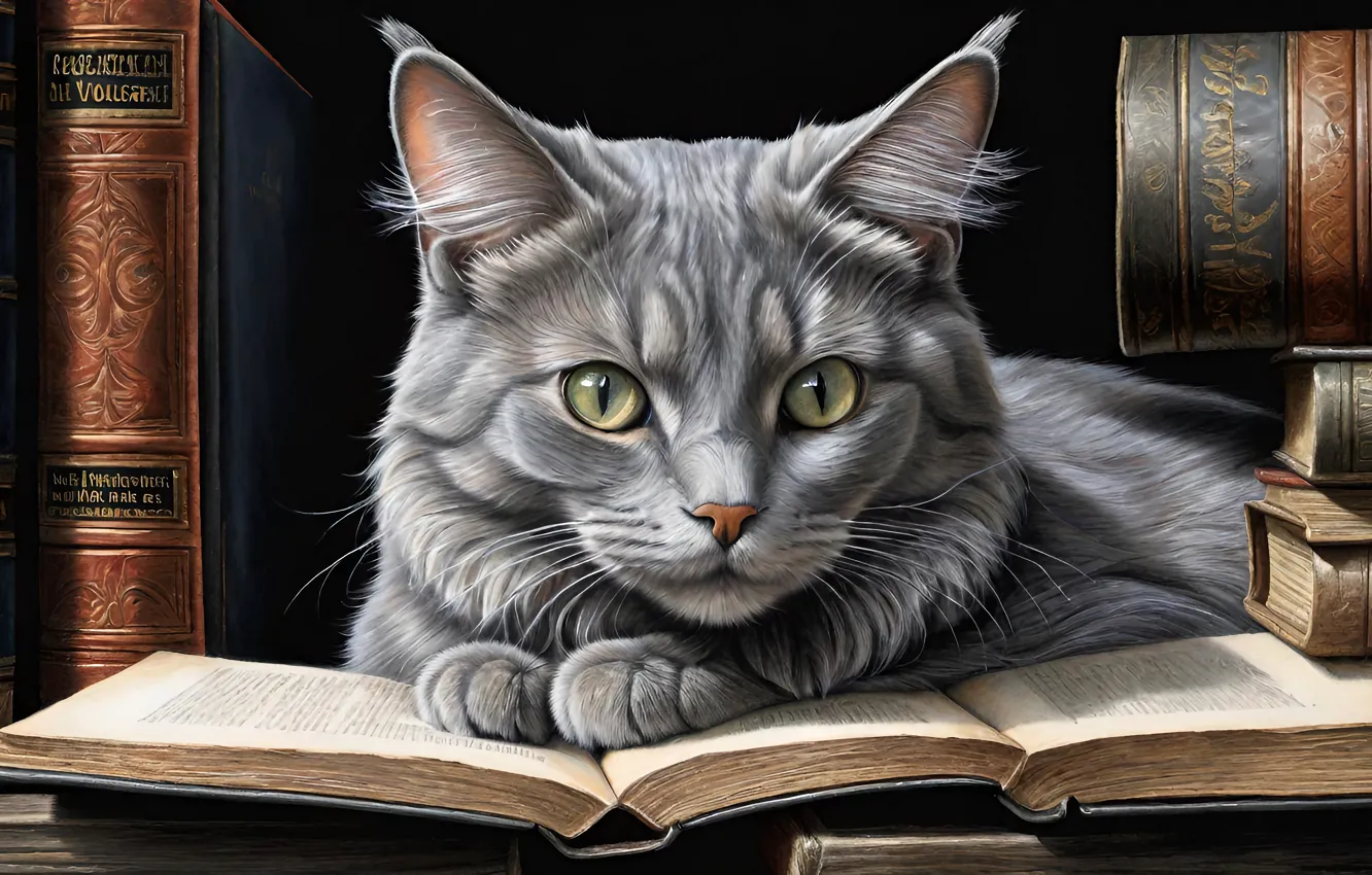 Photo wallpaper cat, cat, look, pose, grey, books, lies, book