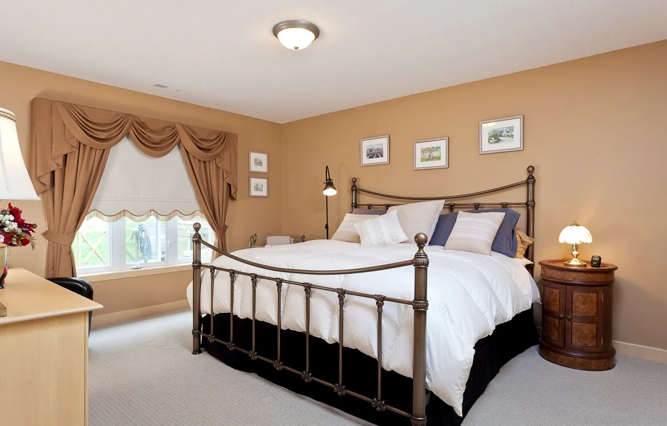 Photo wallpaper light, lamp, bed, window, table, bedroom