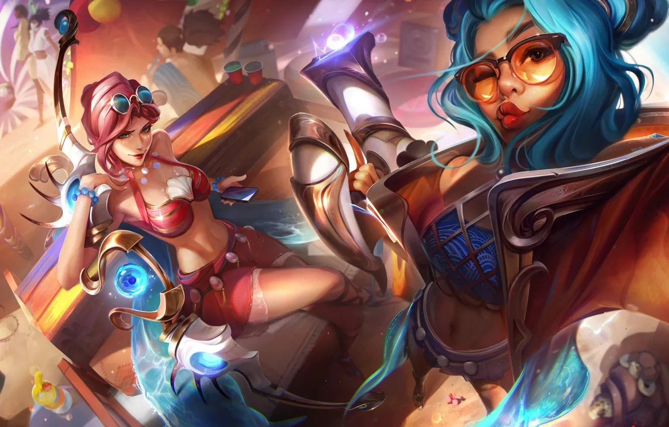 Photo wallpaper beach, swimsuit, look, shorts, bow, art, glasses, splash