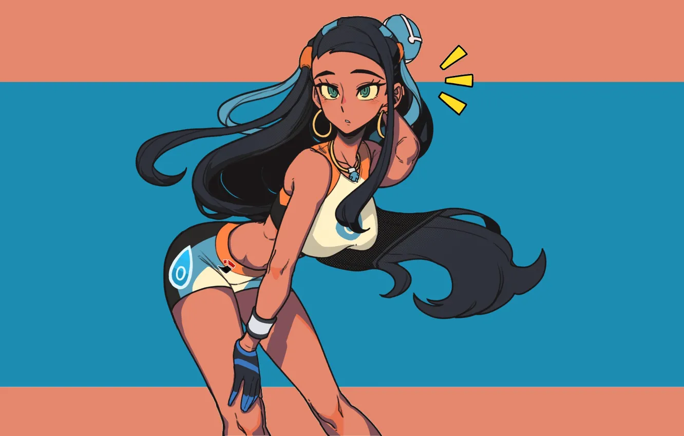 Photo wallpaper looking at viewer, Nessa, dark hair, long hair, blue eyes, bent over, thighs, Big boobs