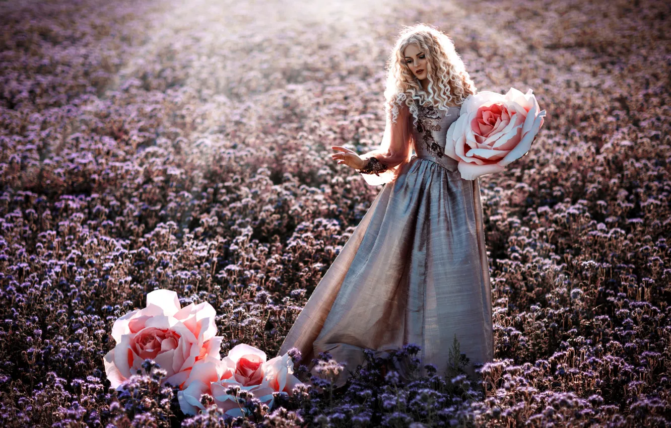 Photo wallpaper field, girl, flowers, pose, roses, dress, Melanie Dietze