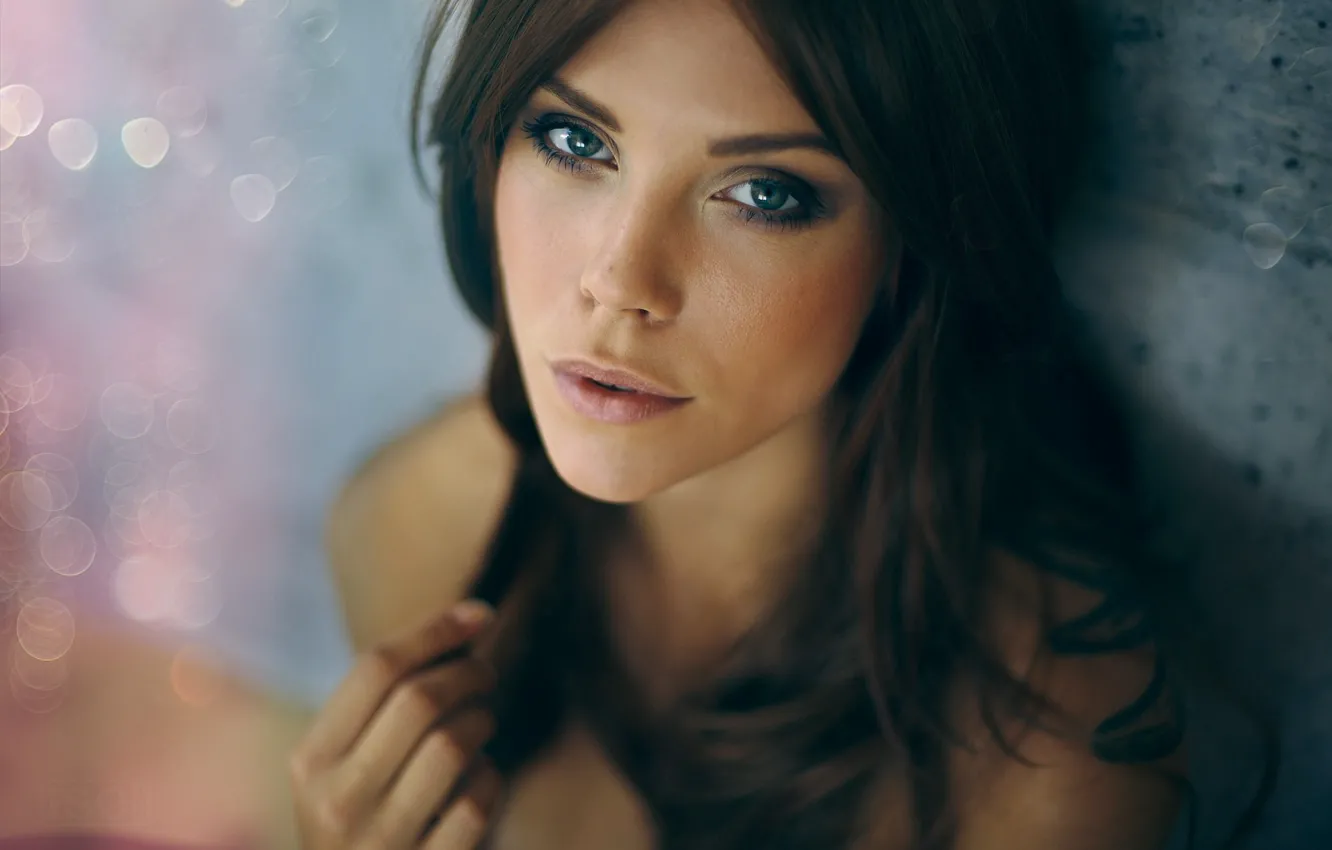 Photo wallpaper girl, long hair, photo, blue eyes, model, bokeh, lips, face