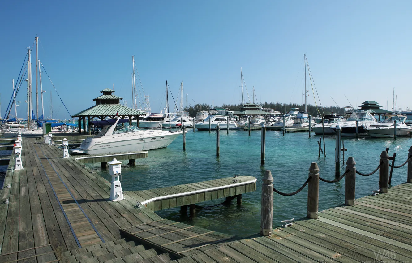 Photo wallpaper sea, boat, yacht, pier, the bridge