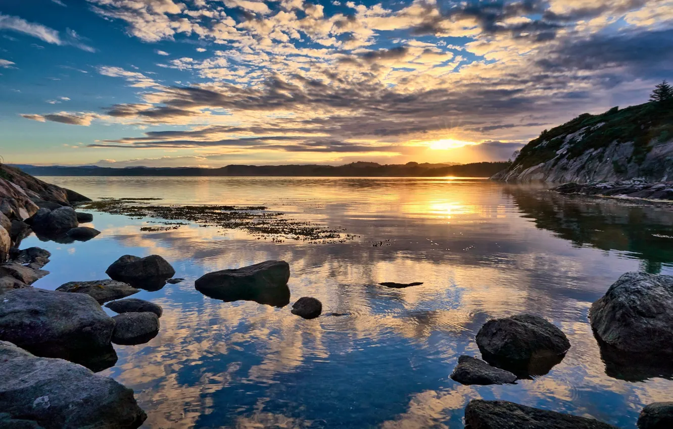 Photo wallpaper sunrise, stones, shore, Norway, Norway, Rogaland, Førdefjord