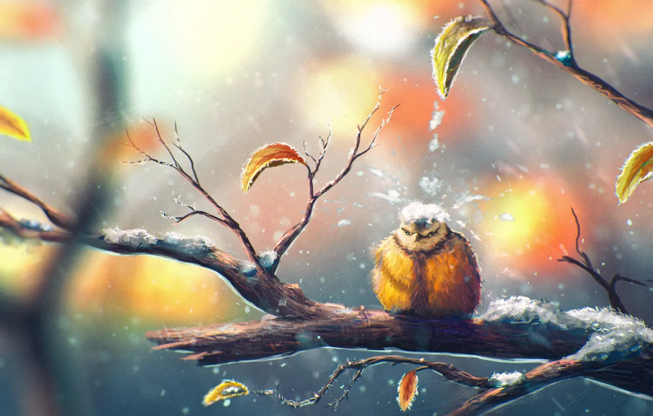 Photo wallpaper leaves, bird, drop, branch, weather, tit