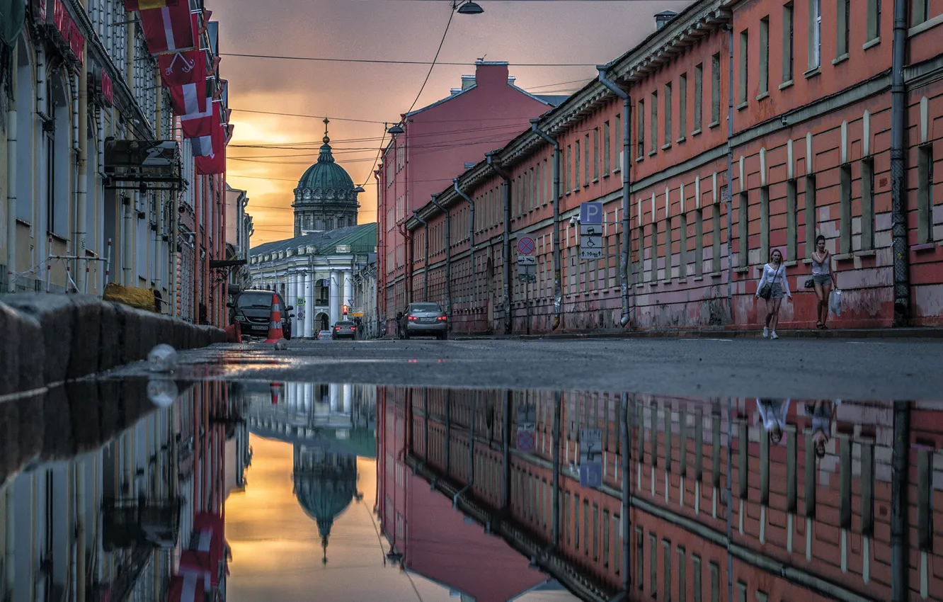 Photo wallpaper the city, reflection, street, building, home, Peter, puddle, Saint Petersburg