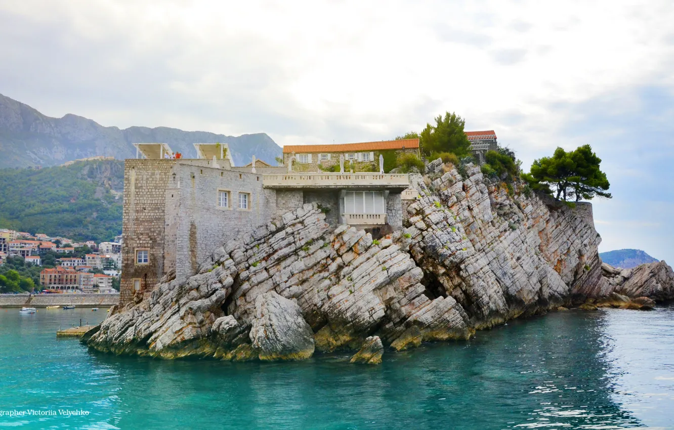 Photo wallpaper sea, the city, stones, sea, island, Montenegro, Budva, mount