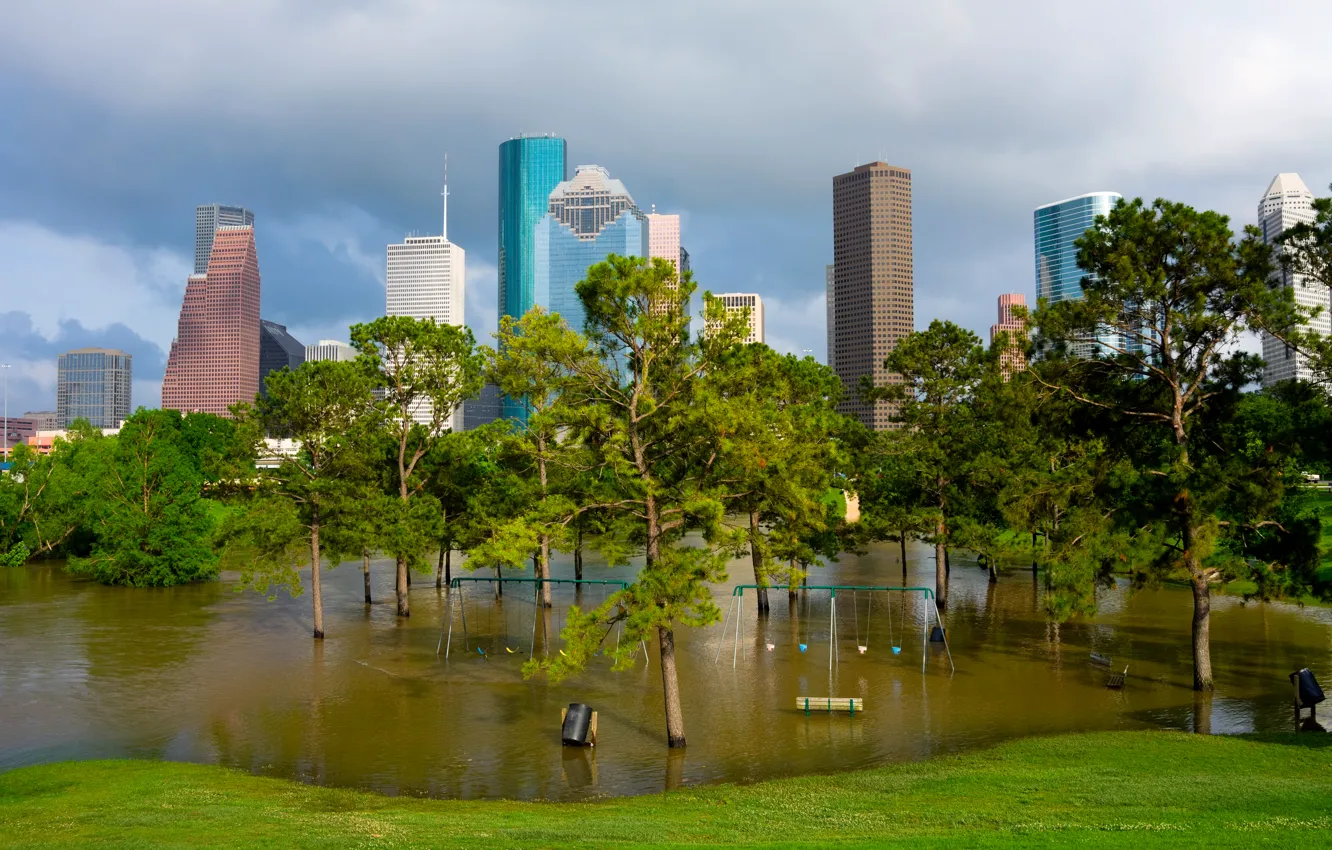 Photo wallpaper grass, water, trees, bench, Park, swing, skyscrapers, USA