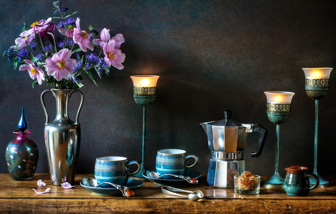 Photo wallpaper flowers, style, candles, mug, Cup, vase, still life, candle holder
