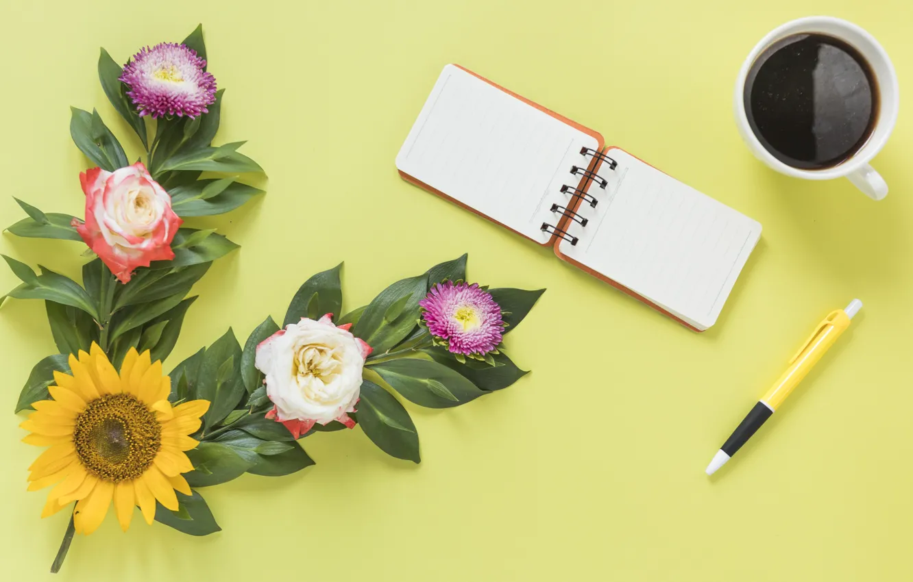Photo wallpaper flowers, coffee, handle, Notepad