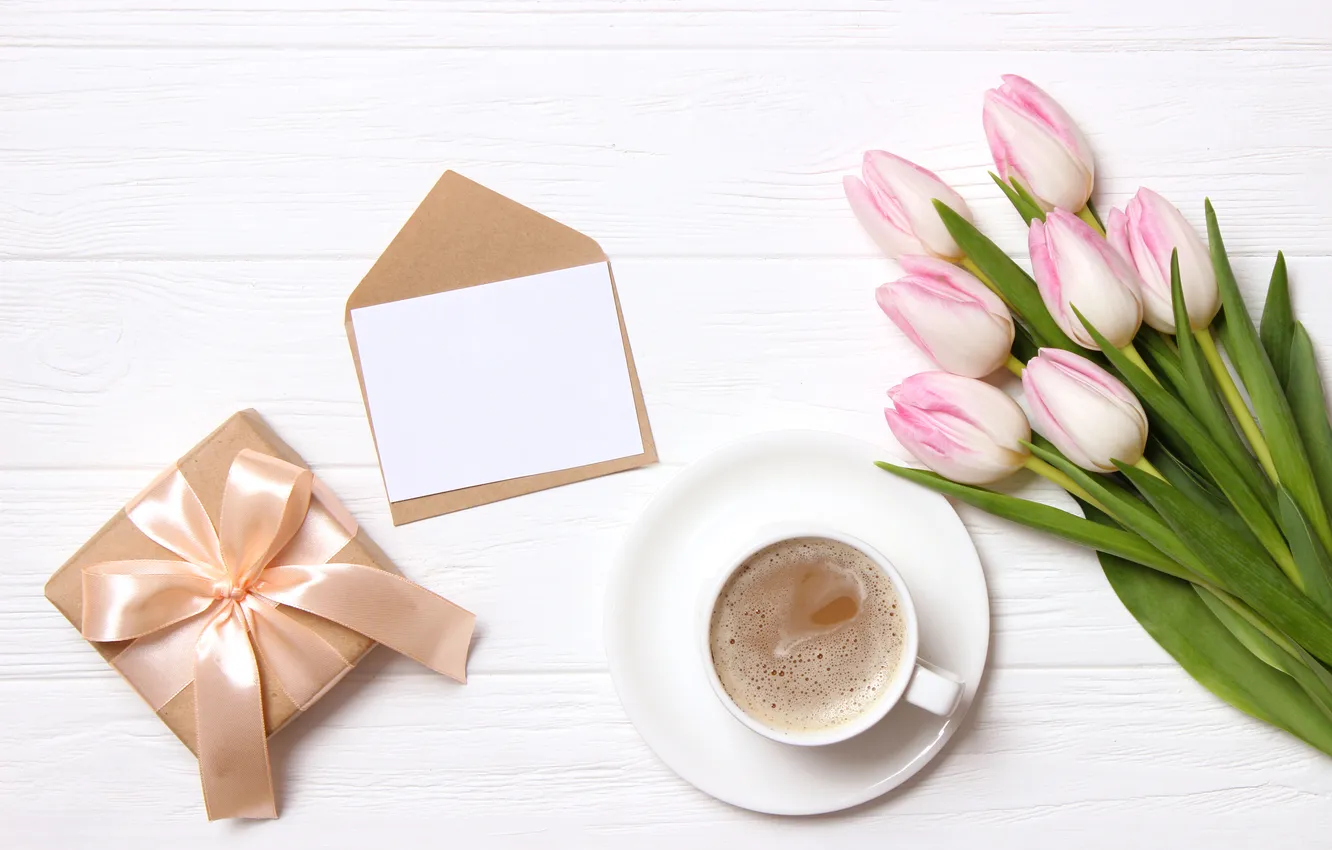 Photo wallpaper flowers, gift, bouquet, tulips, pink, wood, pink, flowers