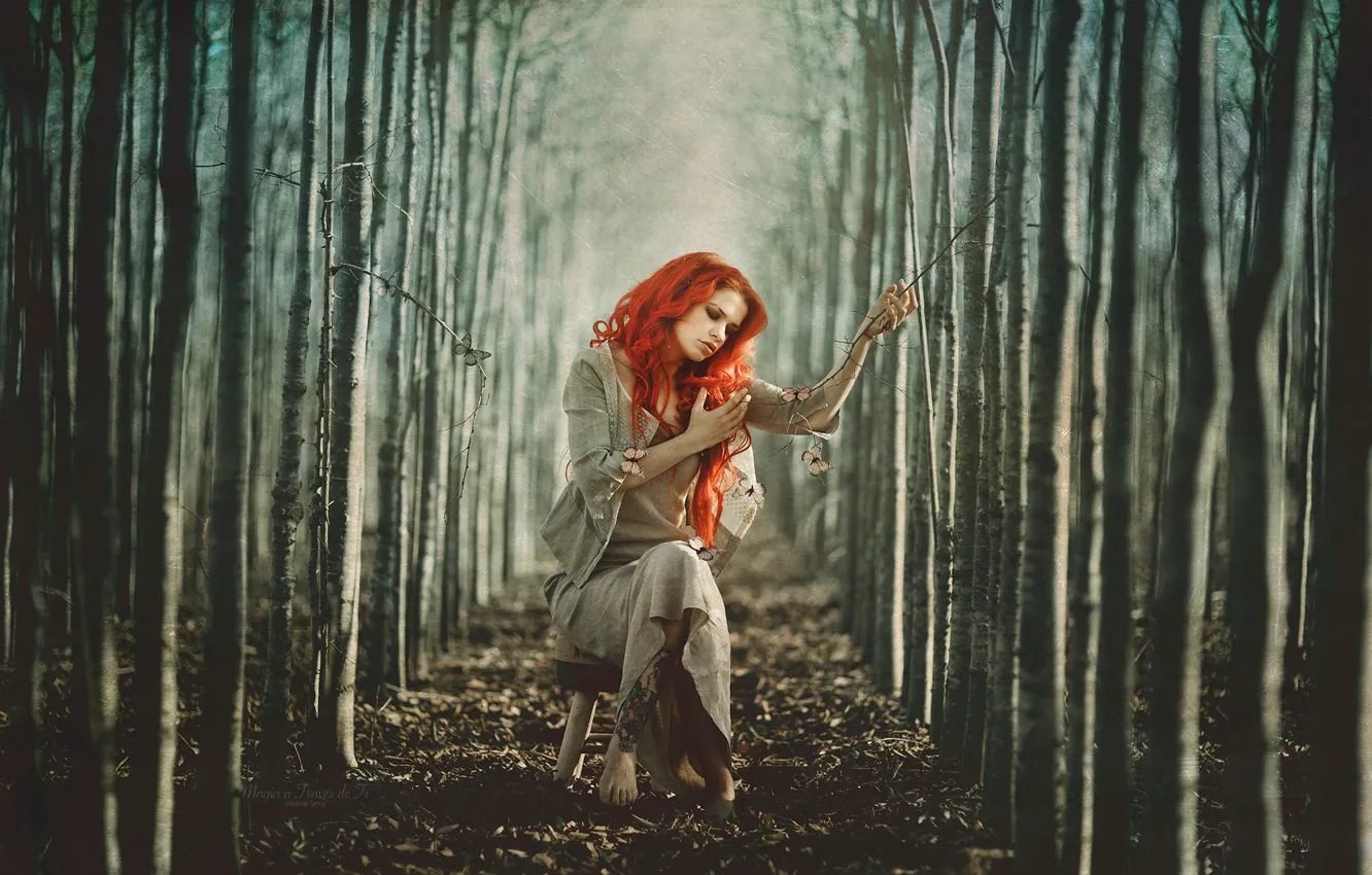 Photo wallpaper girl, trees, branches, pose, mood, hands, tattoo, red