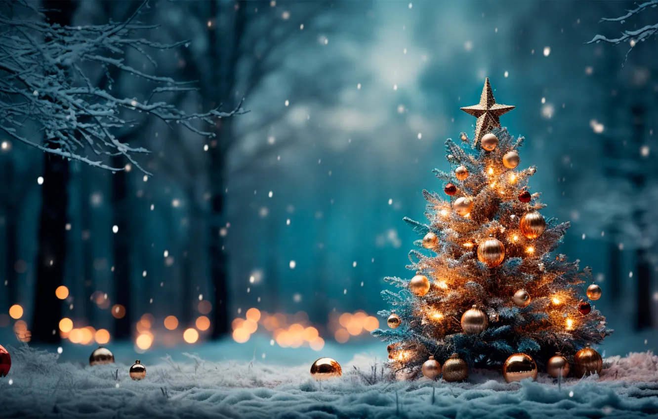Photo wallpaper winter, forest, snow, decoration, night, lights, gift, tree