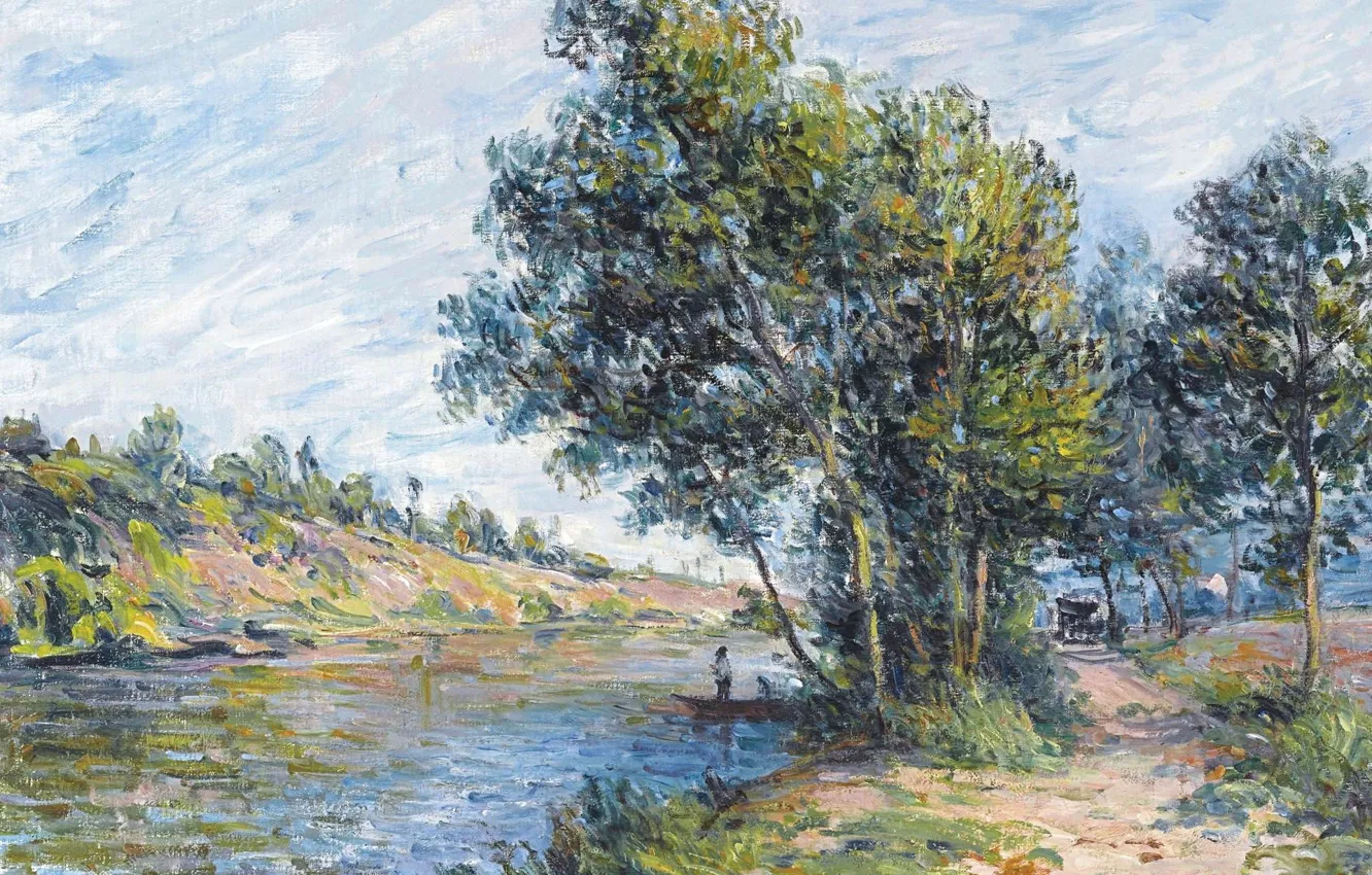 Photo wallpaper trees, landscape, river, picture, Alfred Sisley, Alfred Sisley, The road in Vienna-Les-Sablons