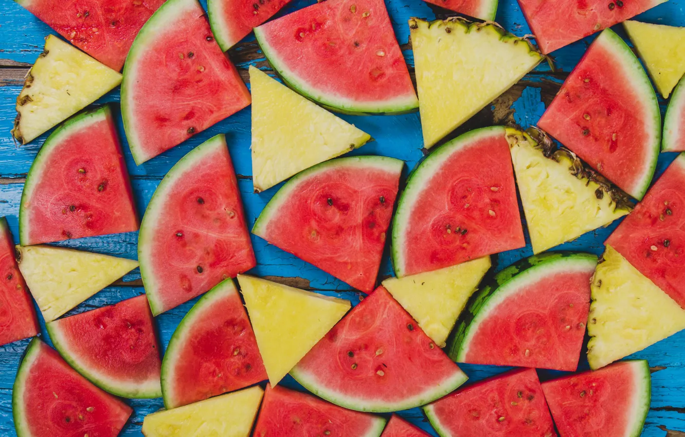 Photo wallpaper Board, watermelon, pineapple, a lot, blue background, slices, slices, piece