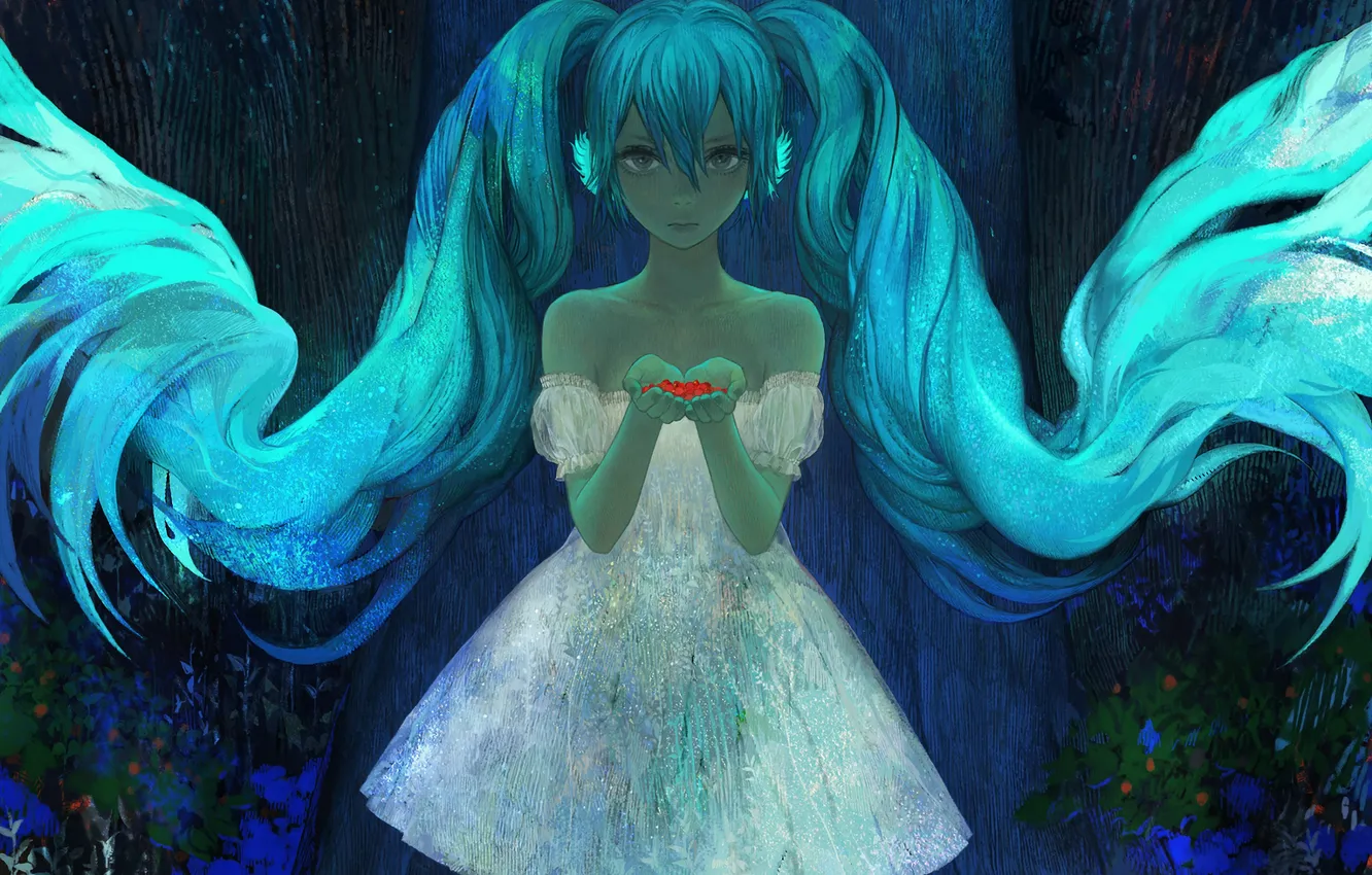 Photo wallpaper forest, girl, night, anime, vocaloid, hatsune miku, art, red berries