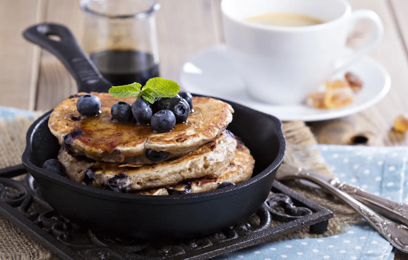Photo wallpaper berries, table, blueberries, Cup, pancakes, stand, napkin, pan