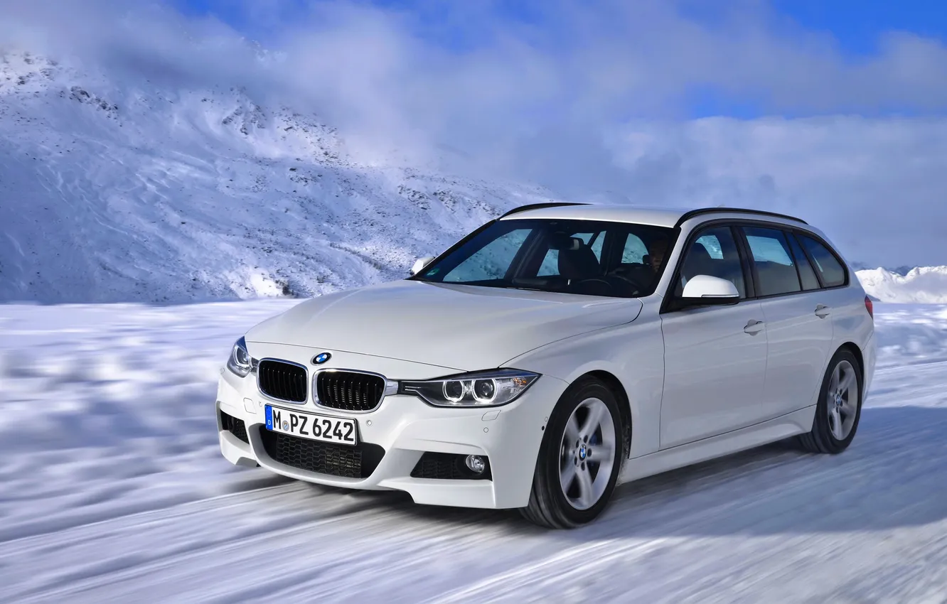 Photo wallpaper Winter, Auto, White, Snow, BMW, Machine, In Motion, Universal